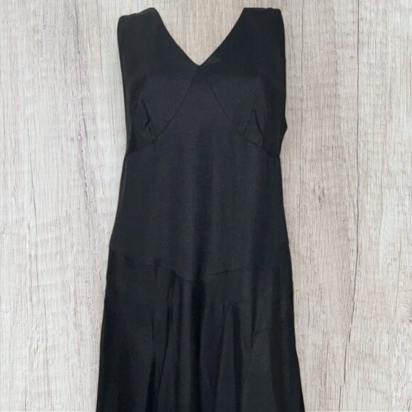 LENNIE by NINA LEONARD V-Neck Fitted Trumpet Flared Black Linen Dress 12 - Picture 7 of 8